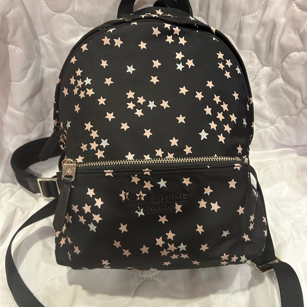 Kate Spade Black and Gold Backpack with Celestial Design